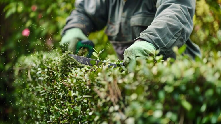 Arbeiter schneidet Hecke mit einer Heckenschere.