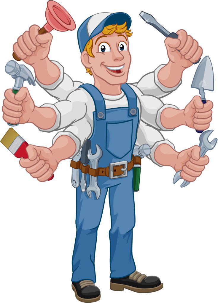 Hausmeisterservice Allrounder: Comic-Hausmeister mit Pinsel, Hammer, Stopfen, Schraubenzieher, Maurerkelle und Schraubenschlüssel.